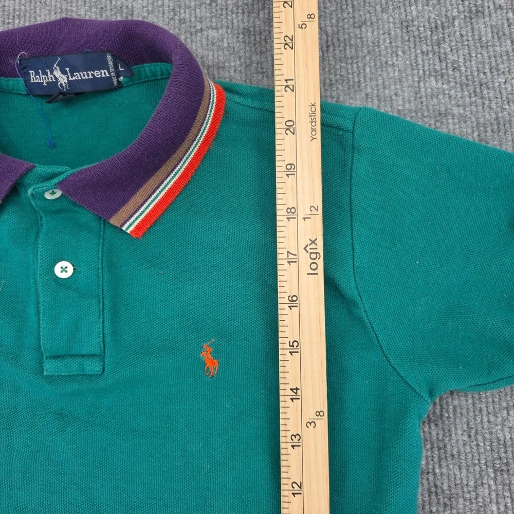 Ralph Lauren Kids Green Pique Polo Shirt Purple Striped Collar Large L
